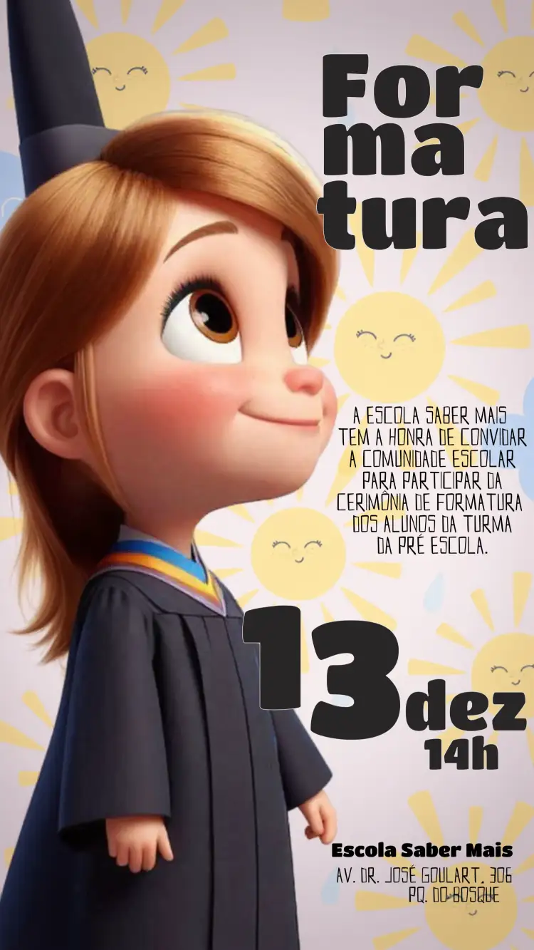 Convite Formatura Infantil Nuvens – tema Formatura colorido, lúdico, infantil, divertido, moderno