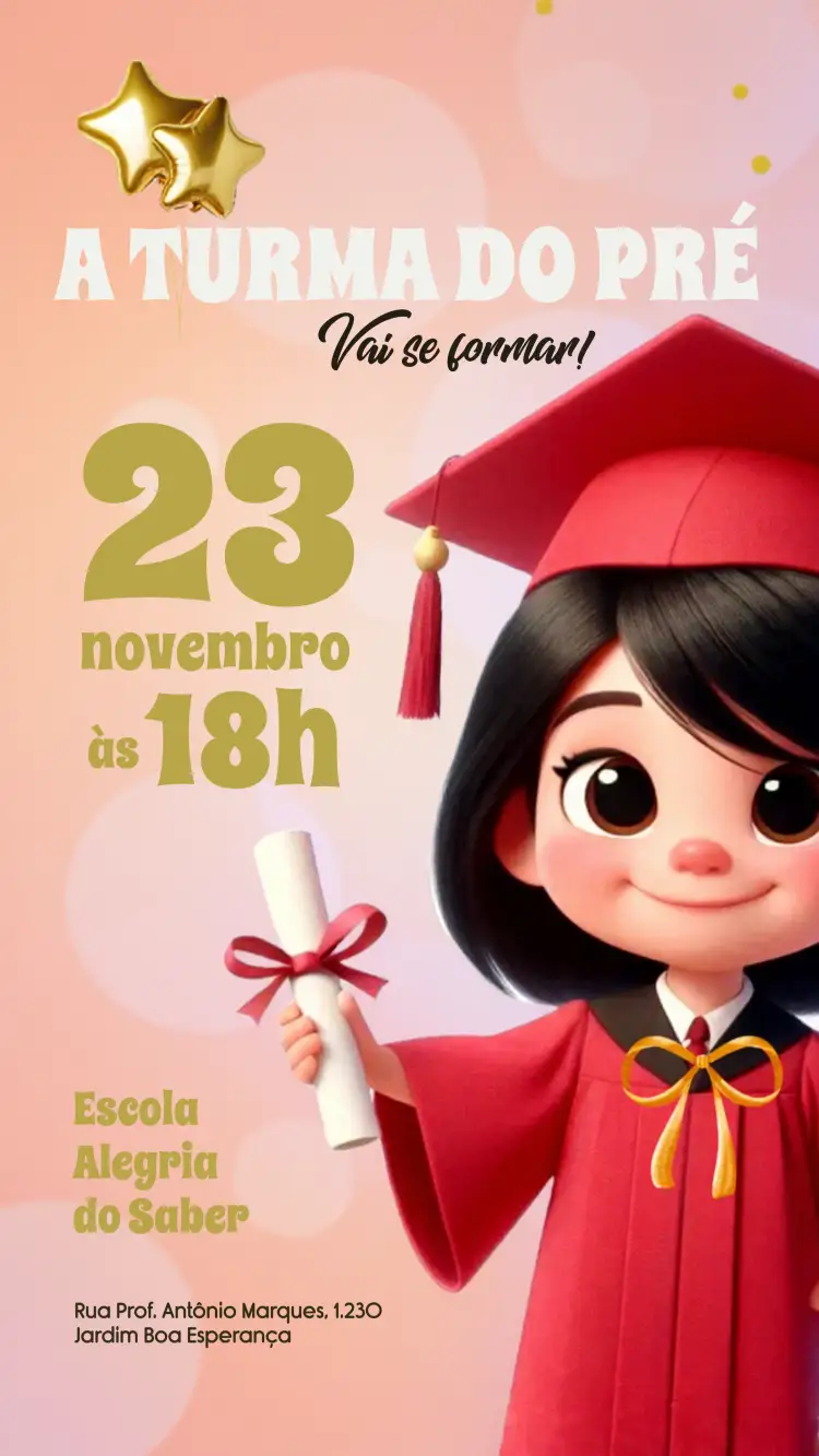 Convite Formatura Infantil Prézinho – tema Formatura brilhante, colorido, divertido, infantil, moderno