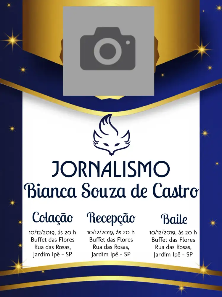 Convite Formatura Jornalismo Com Foto Dourado – tema Formatura dourado, azul, moderno, elegante, minimalista