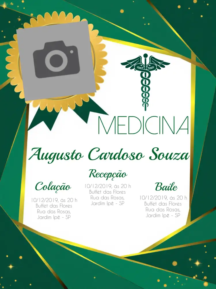 Convite Formatura Medicina Com Foto Verde – tema Formatura verde, branco, dourado, moderno, elegante