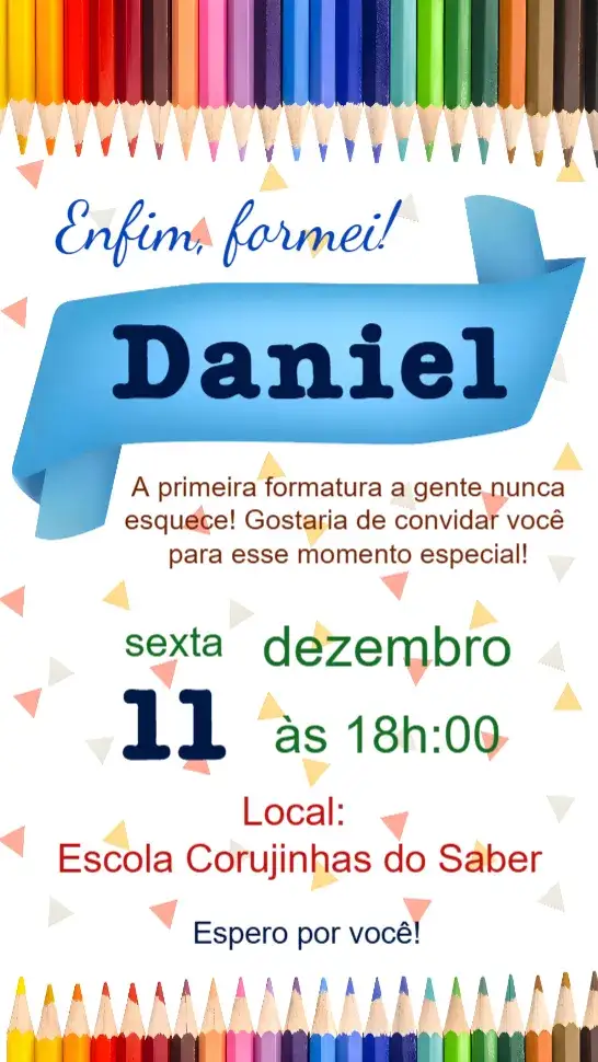 Convite Formatura Menino – tema Formatura colorido, moderno, escolar, festivo, divertido, jovial