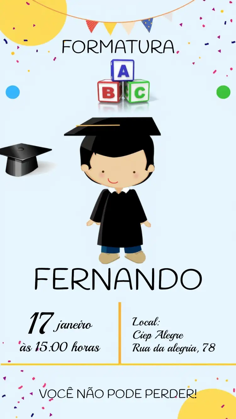 Convite Formatura Menino Colorido Abc – tema Formatura colorido, infantil, divertido, moderno, lúdico, escolar