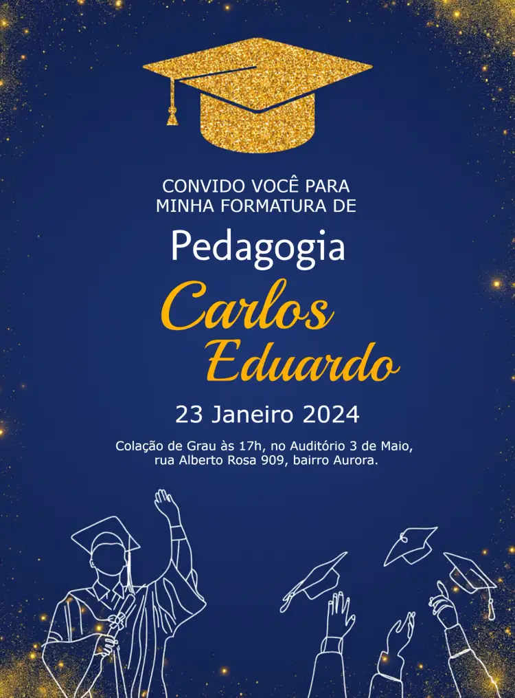 Convite Formatura Pedagogia Elegante Azul Dourado Adulto – tema Formatura elegante, azul, dourado, glitter, moderno, sophisticated