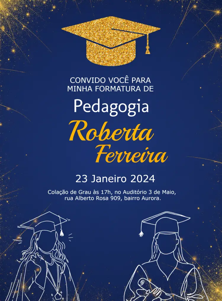 Convite Formatura Pedagogia Elegante Azul Dourado Marinho