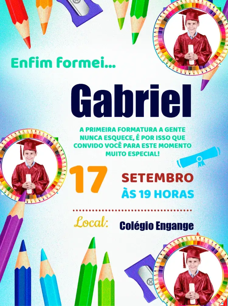 Convite Formatura Pré Escola Com Foto Lápis – tema Formatura colorido, lúdico, divertido, infantil, educacional, temático