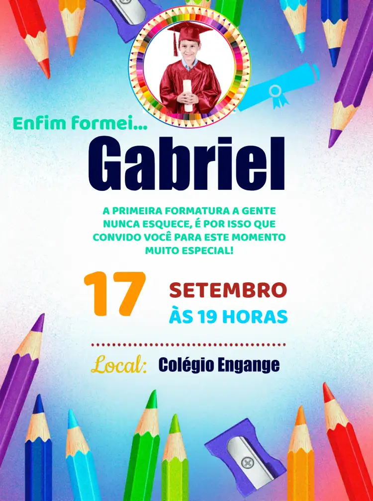 Convite Formatura Pré Escola Com Foto Colorido – tema Formatura colorido, educacional, jardim, lúdico, infantil