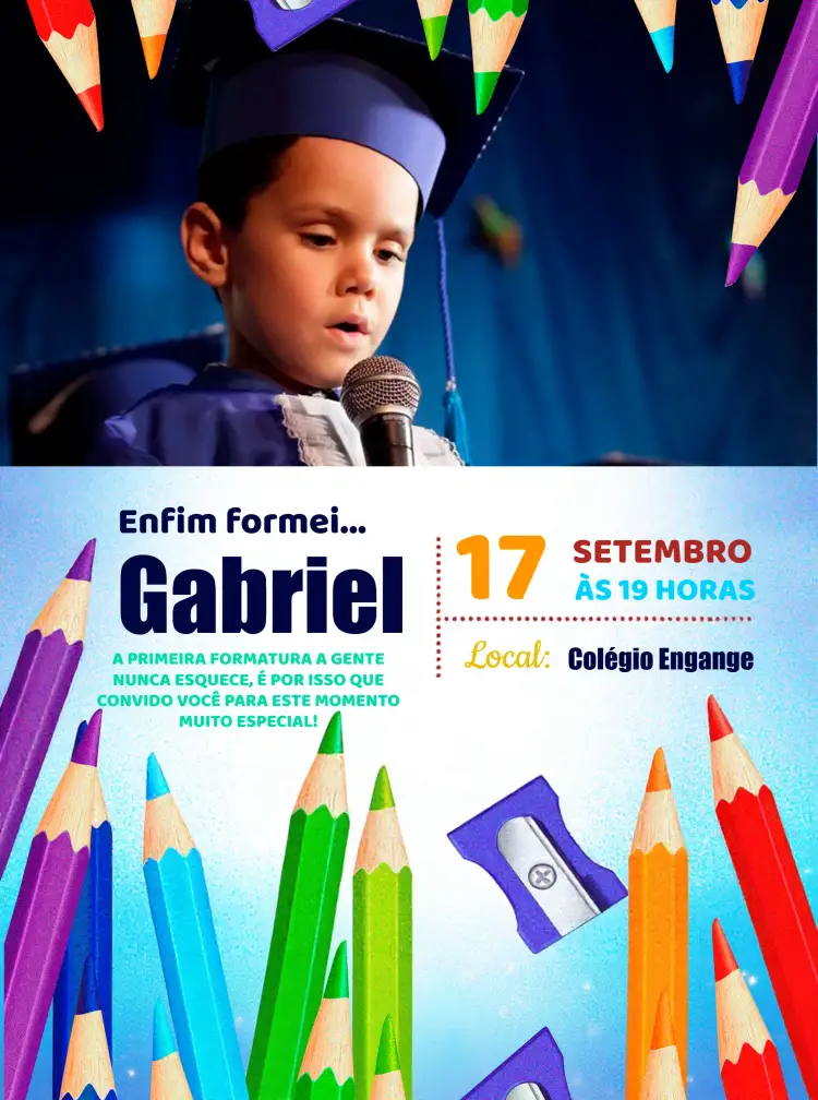 Convite Formatura Pré Escola Com Foto Lápis – tema Formatura colorido, infantil, lápis, divertido, alegre, jardim