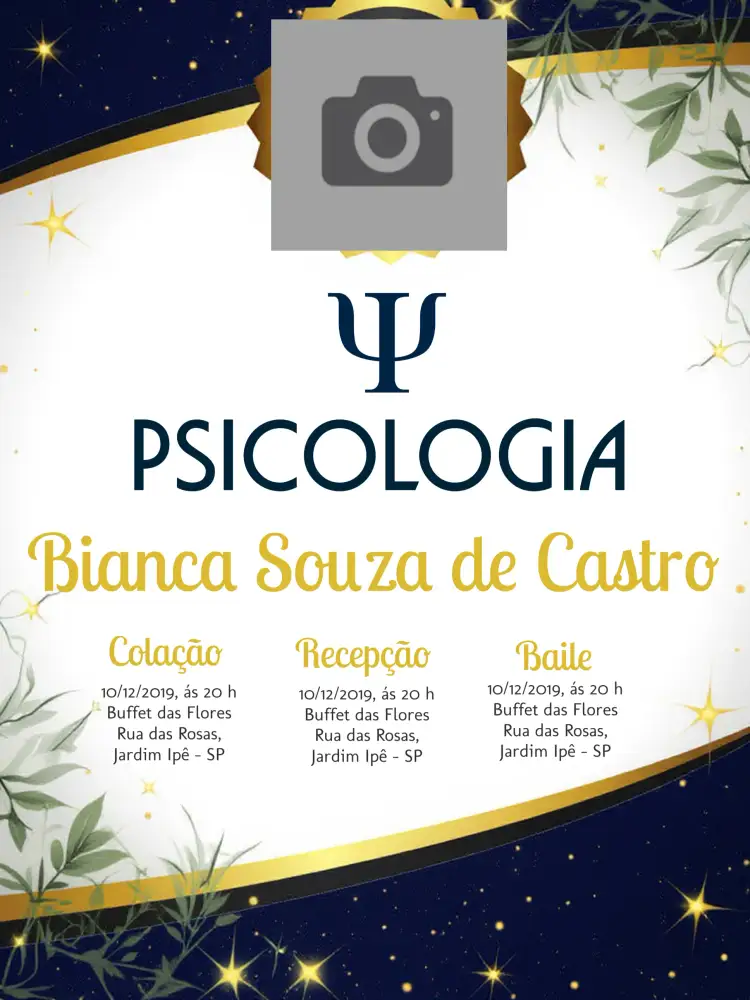 Convite Formatura Psicologia Com Foto Dourado – tema Formatura dourado, azul, moderno, elegante, minimalista