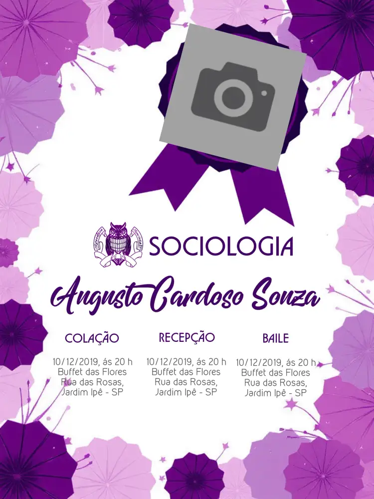 Convite Formatura Sociologia Com Foto Roxo – tema Formatura roxo, branco, moderno, elegante, minimalista