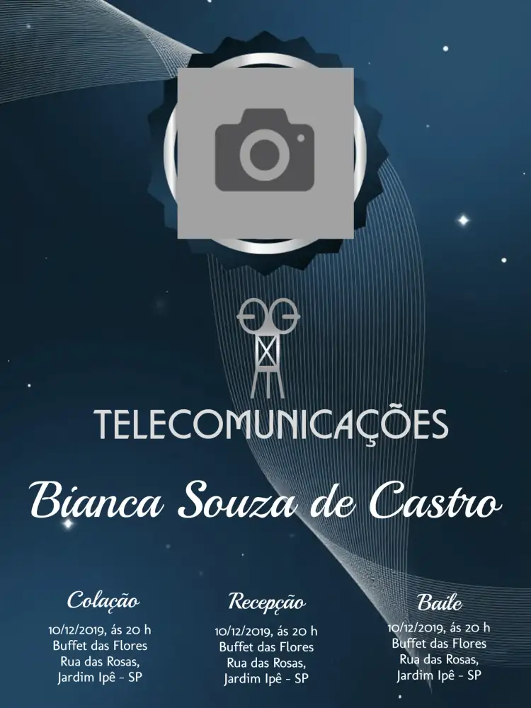 Convite Formatura Telecomunicações Com Foto Azul – tema Formatura azul, moderno, elegante, sofisticado, minimalista