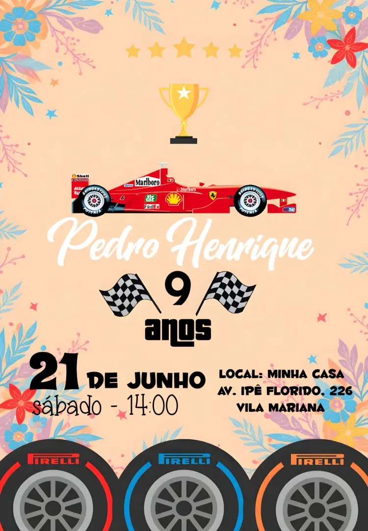 Convite Fórmula 1 Ayrton – tema Aniversário Infantil colorido, esportivo, moderno, dinâmico, temático