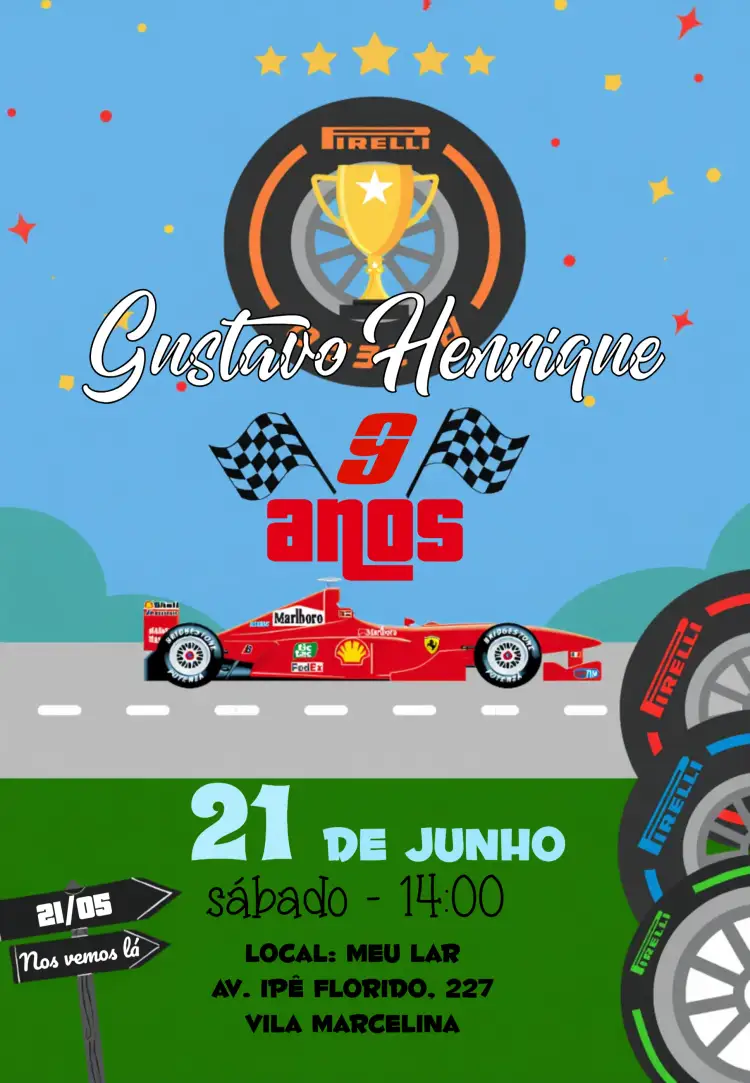 Convite Fórmula 1 Festa – tema Aniversário Infantil colorido, moderno, esportivo, divertido, dinâmico, temático