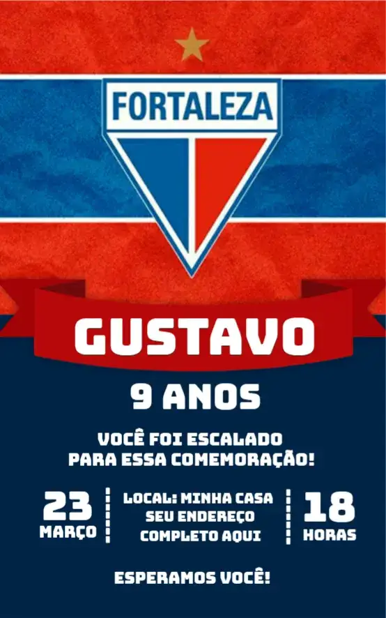 Convite Fortaleza 1 – tema Aniversário futebol, esporte, Fortaleza