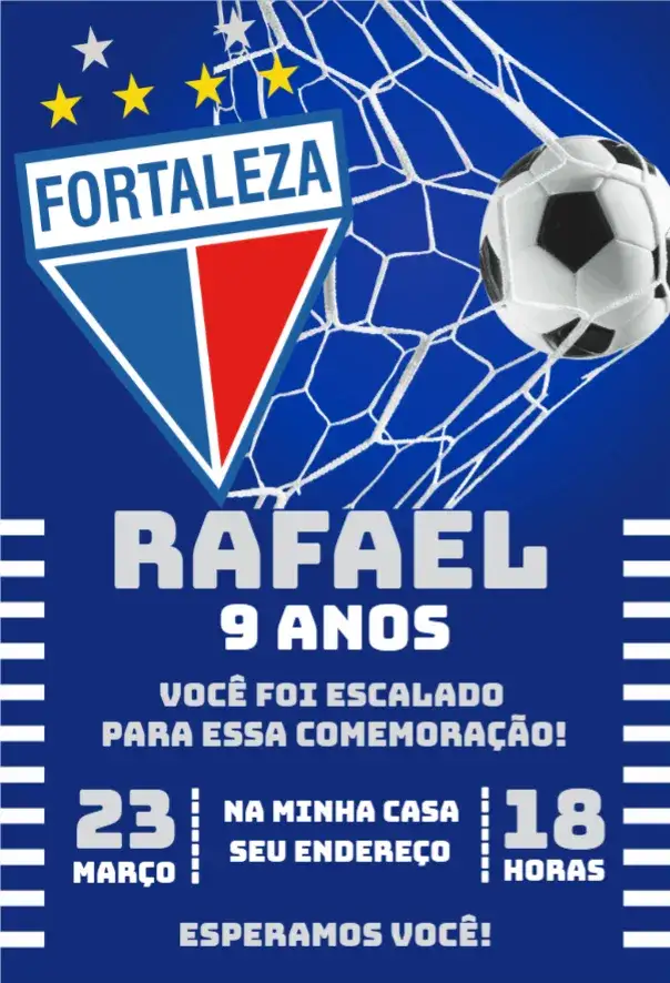 Convite Fortaleza 2 – tema Aniversário futebol, moderno, colorido, esportivo, divertido