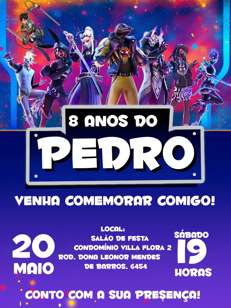 Convite Fortnite Azul – tema Mais pesquisados moderno, divertido, jogos, colorido, temático