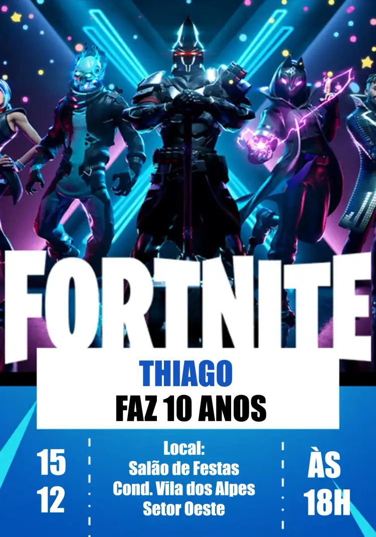 Convite Fortnite Azul – tema Mais pesquisados azul, moderno, jogos, temática gamer, divertido, colorido