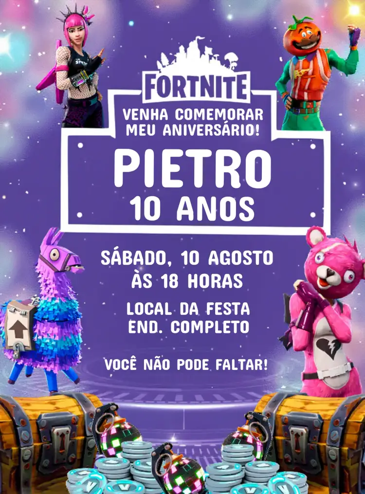Convite Fortnite Branco – tema Mais pesquisados gamer, moderno, divertido, colorido, temático, esportivo