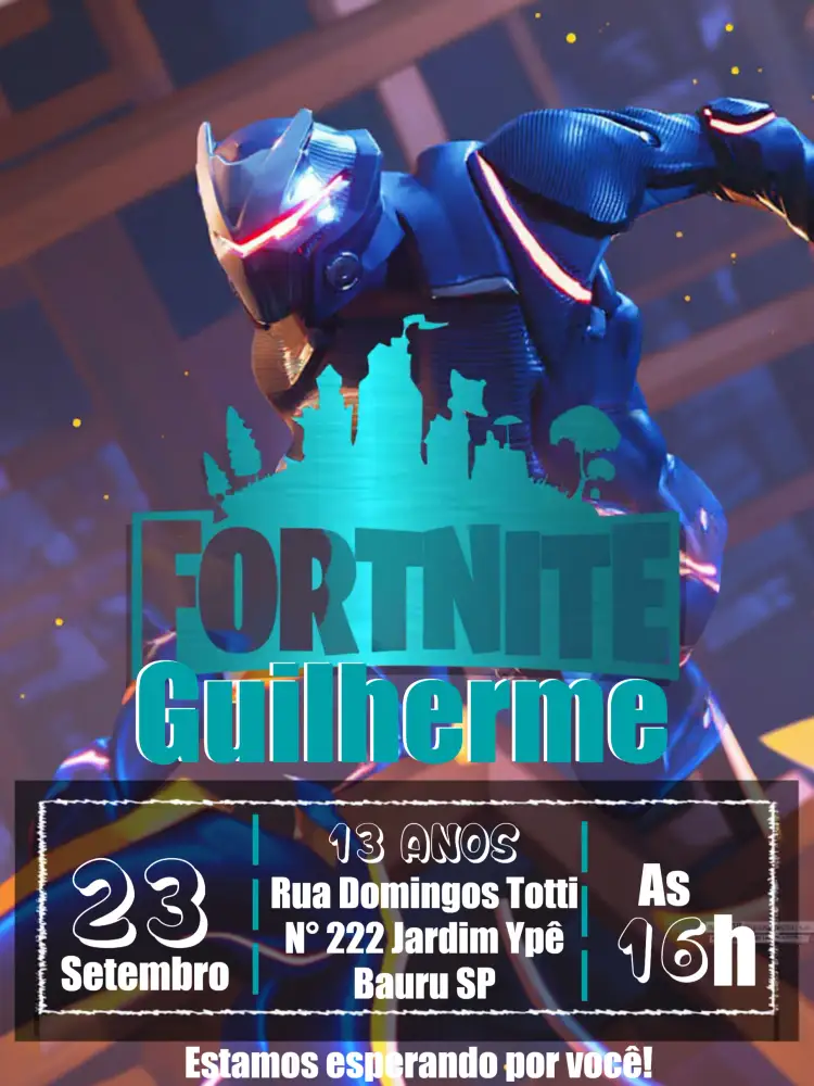 Convite Fortnite Colorido – tema Mais pesquisados jogo, futurista, ação