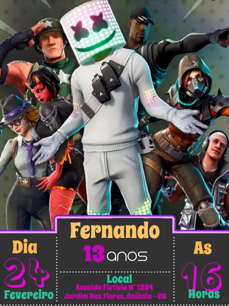Convite Fortnite Royal – tema Mais pesquisados colorido, moderno, jovem, divertido, interativo