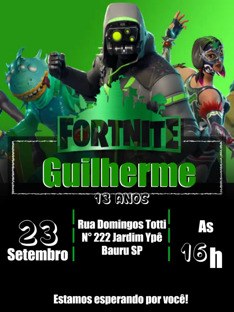 Convite Fortnite Verde – tema Mais pesquisados colorido, moderno, temático, jogos, diversão