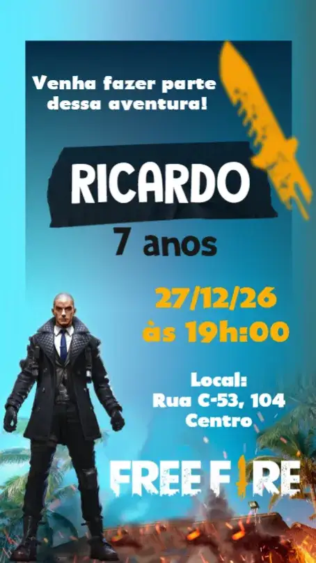 Invitation Free Fire – Aniversário Infantil theme vibrante, temática de jogos, colorido, moderno, animado, jovial