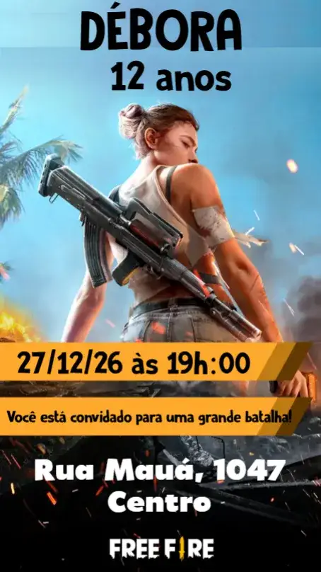 Convite Free Fire – tema Aniversário Infantil temática de jogos, cores vibrantes, estilo moderno, elementos gráficos do jogo, design divertido, inspirado em batalhas