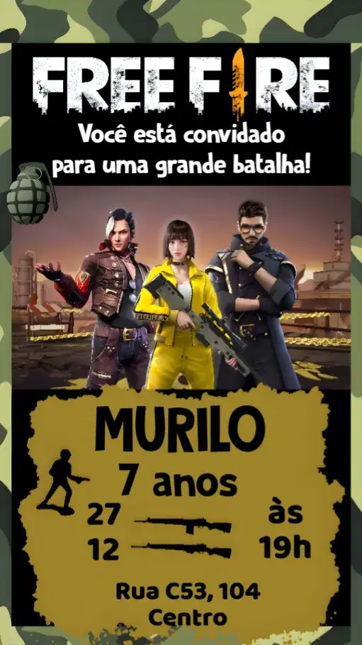 Convite Free Fire – tema Aniversário colorido, moderno, jovem, dinâmico, temático, divertido