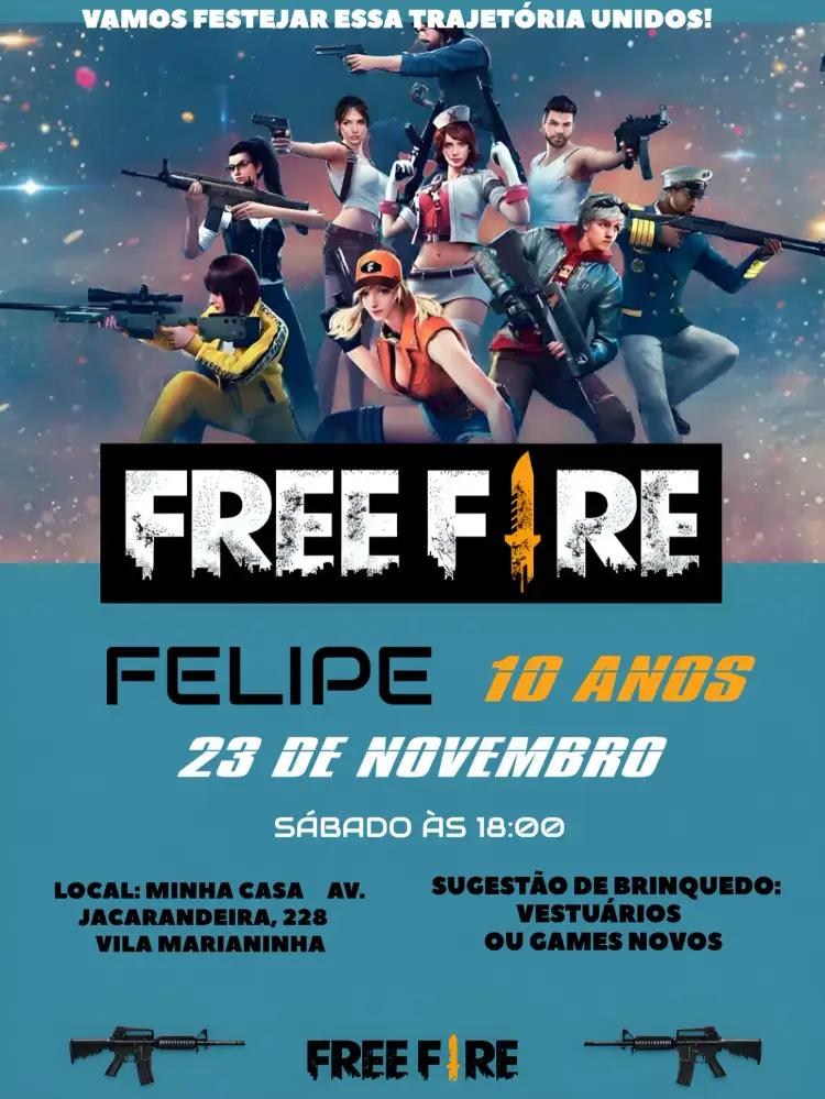 Convite Free Fire Digital – tema Mais pesquisados moderno, temático, colorido, jogos, dinâmico, aventura