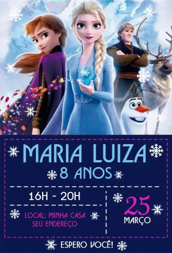 Convite Frozen 10 – tema Aniversário cores geladas, elementos de neve, ilustrações de personagens, design lúdico, estilo mágico