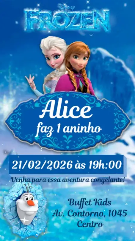Convite Frozen – tema Aniversário Infantil inverno, mágico, azul claro, branco, personagens, temática Frozen