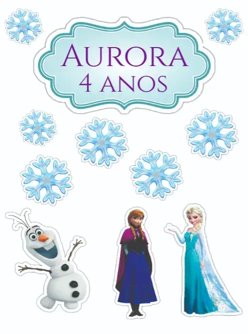 Convite Frozen – tema Topo de bolo azul claro, branco gelado, elementos de neve, estilo cartoon, ilustrações de personagens, detalhes brilhantes