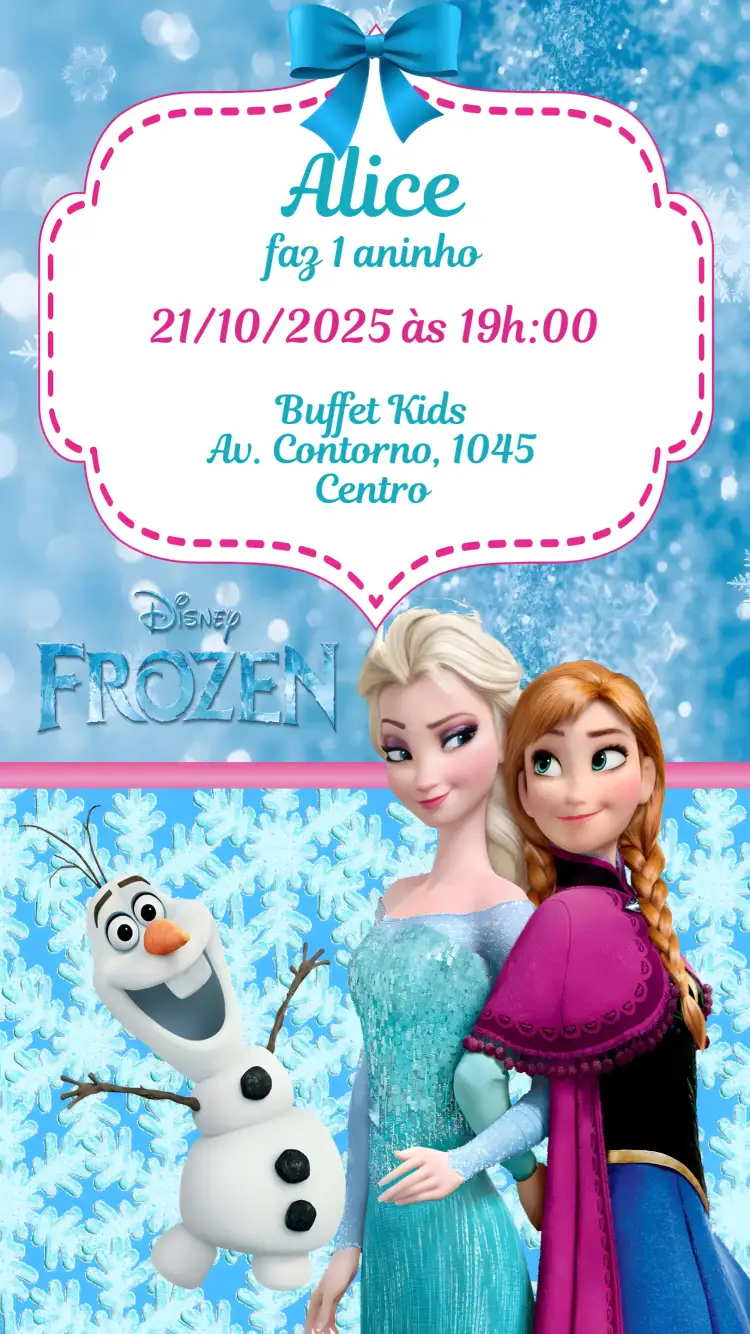 Convite Frozen – tema Aniversário Infantil azul claro, branco gelado, elementos de gelo, inspirado em contos de fadas, ilustrações de princesas, estilo divertido e lúdico