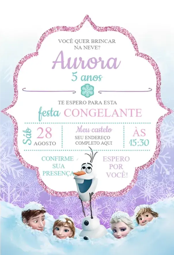 Convite Frozen 3 – tema Aniversário neve, temática Frozen, cores pastel, divertido, infantil, mágico