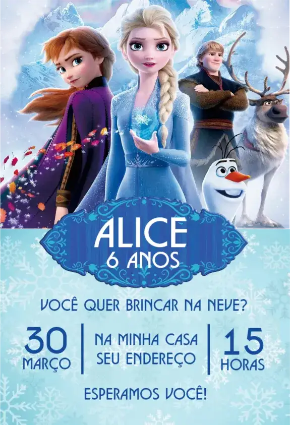 Convite Frozen 3 – tema Aniversário magia do inverno, tons frios, elementos de gelo, estilo lúdico, cores vibrantes, design temático