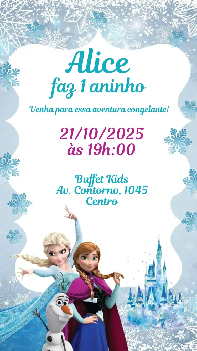Convite Frozen – tema Aniversário Infantil azul gelado, branco nevado, elementos de gelo, ilustrações de princesas, estilo mágico, toques de inverno