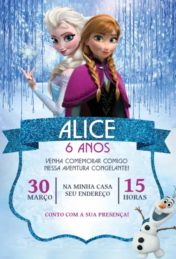 Convite Frozen 5 – tema Aniversário azul claro, neve, gelo, personagens animados, cores vibrantes, estilo encantado