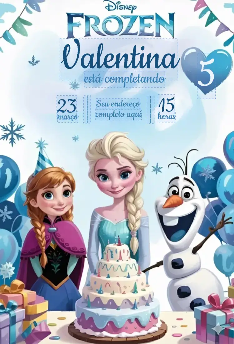 Convite Frozen – tema 15 anos temática Frozen, cores frias, elementos de gelo, estilo lúdico, ilustrações de personagens, magia Disney