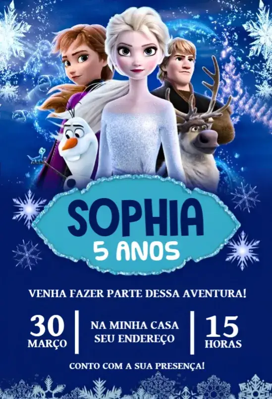 Convite Frozen 6 – tema Aniversário azul marinho, temática Frozen, elementos de gelo, personagens divertidos, estilo infantil, atmosfera mágica