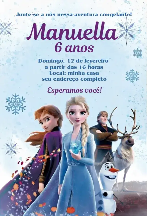 Convite Frozen 6 – tema Aniversário azul, branco, neve, mágico, infantil, temático