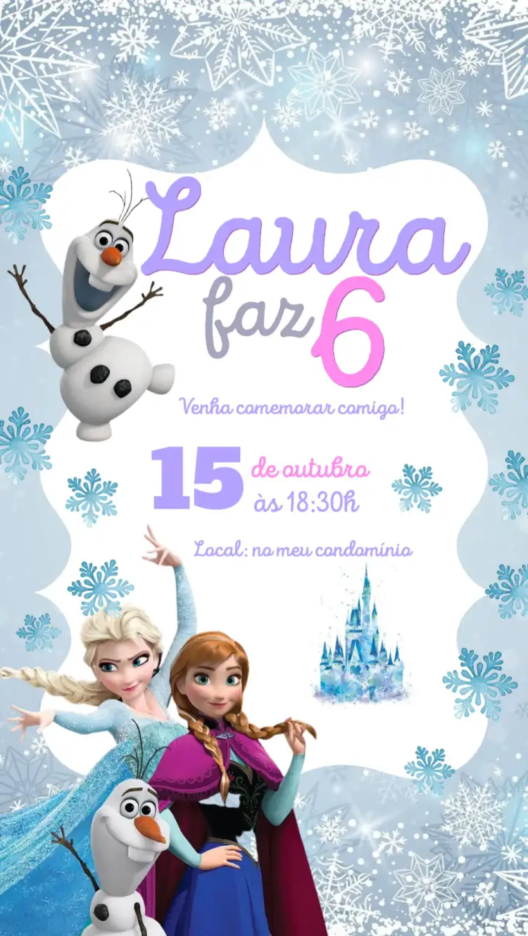 Convite Frozen – tema Aniversário Infantil azul e rosa, mágico, inspirado na Disney, neve, personagens de fantasia