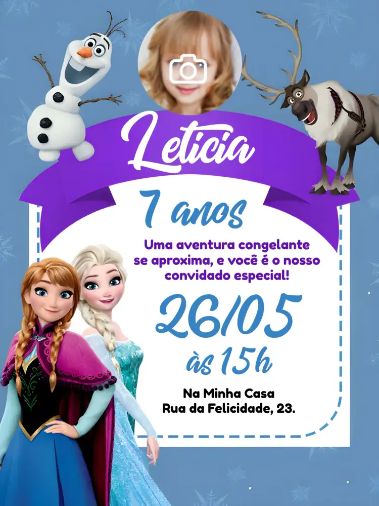 Convite Frozen Com Foto Azul – tema Mais pesquisados azul, neve, Disney, temática, colorido, mágico