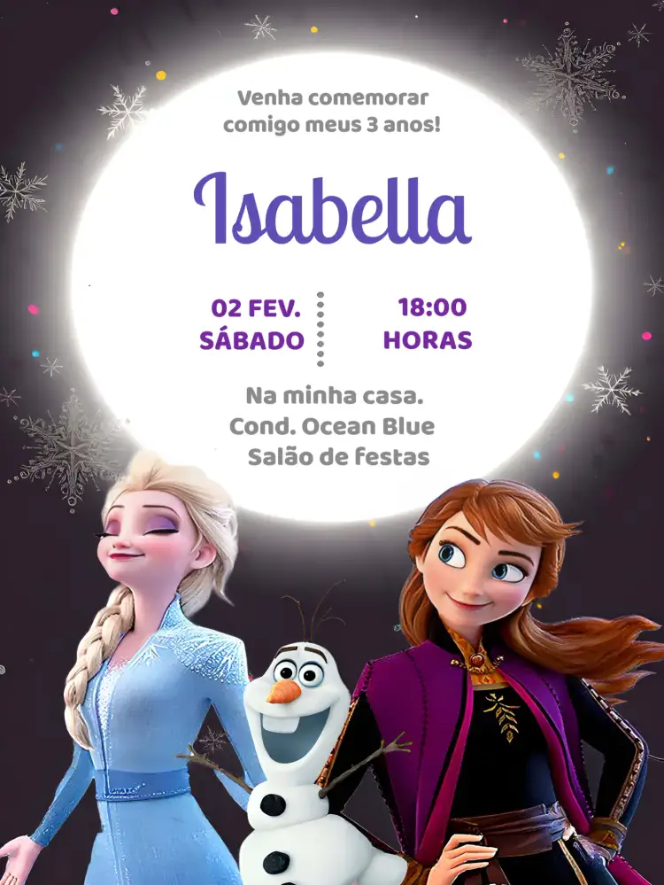 Convite Frozen Olaf – tema Mais pesquisados azul, lilás, roxo, temático, mágico, infantil