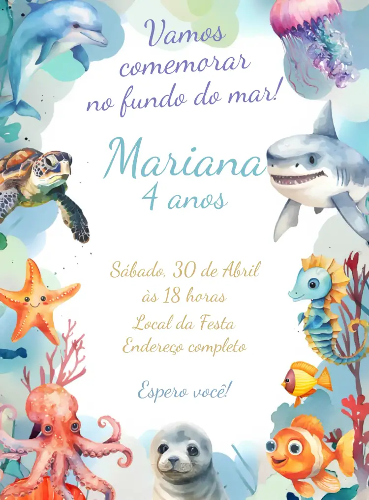Convite Fundo Do Mar Menino – tema Aniversário Infantil marinho, colorido, divertido, tropical, infantil