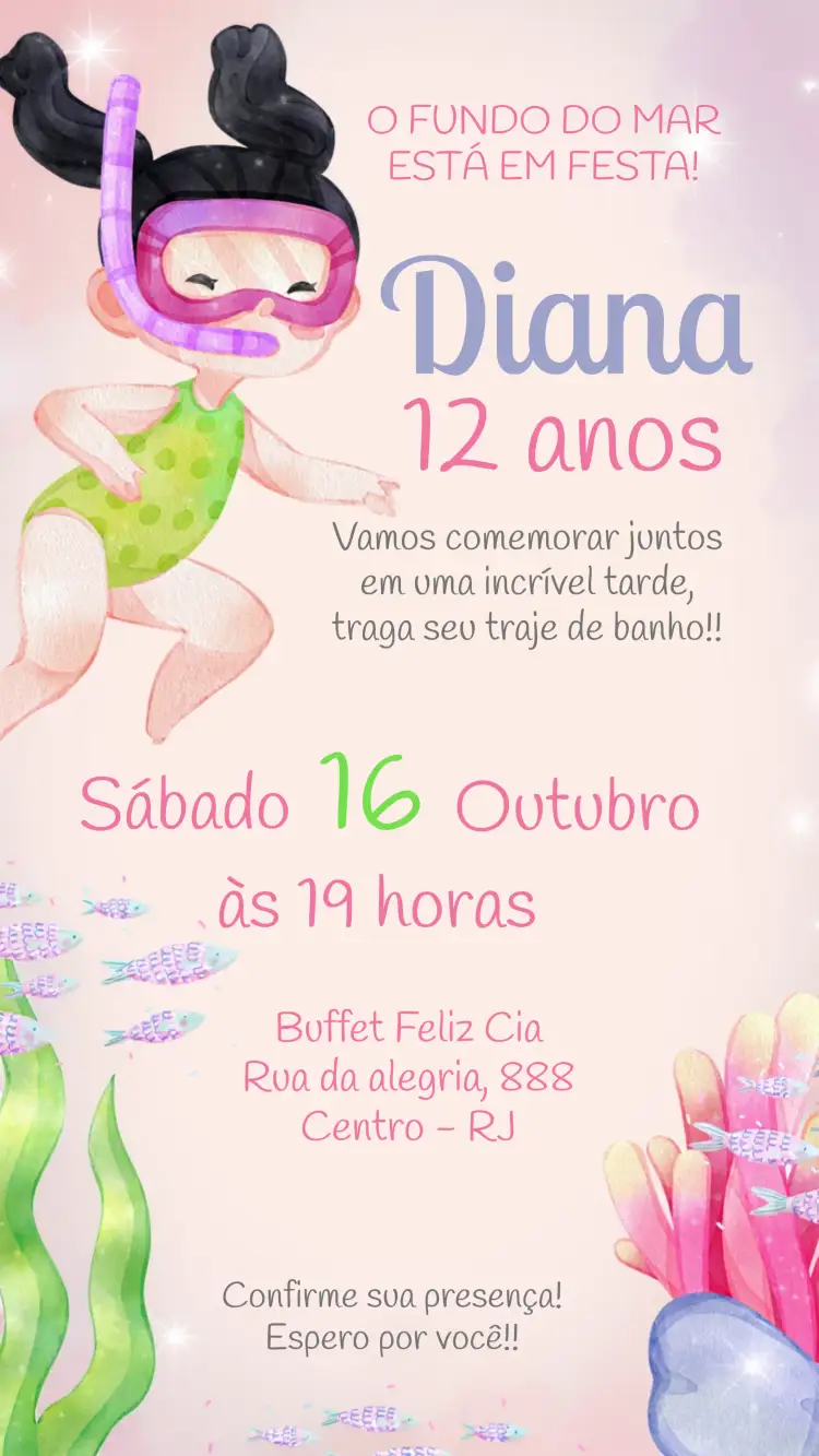Convite Fundo Do Mar Aqaurela – tema Aniversário Infantil aquarela, marinho, colorido, divertido, infantil, temático