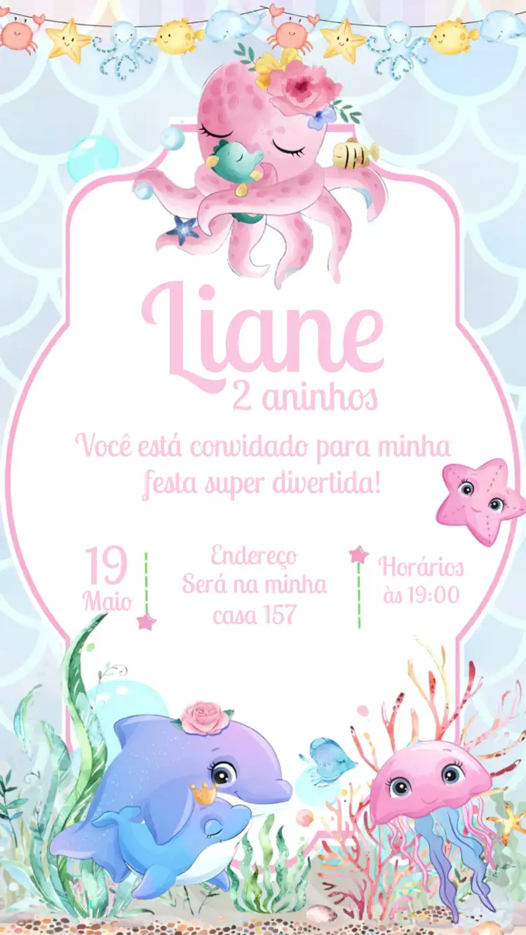 Convite Fundo Do Mar Aquarela – tema Aniversário Infantil aquarela, fundo do mar, marinho, delicado, colorido
