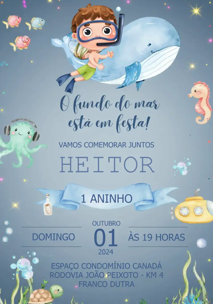 Convite Fundo Do Mar Aquarela – tema Aniversário Infantil aquarela, marinho, colorido, lúdico, infantil, temático