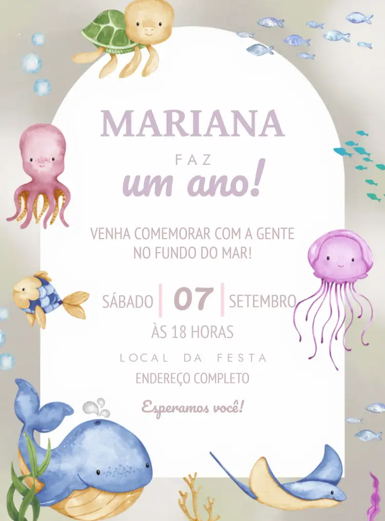 Convite Fundo Do Mar Aquarela Baleia