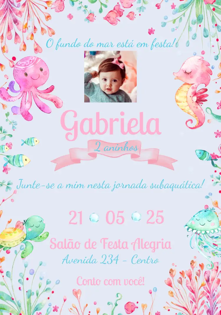 Convite Fundo Do Mar Aquarela Com Foto Festa – tema Aniversário Infantil aquarela, marinho, colorido, infantil, divertido, feminino