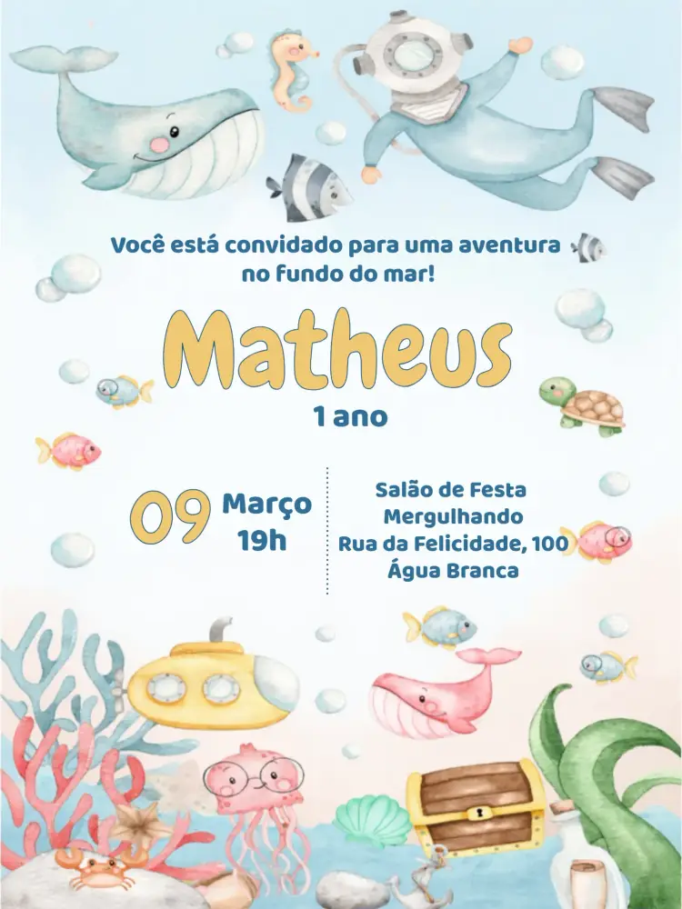 Convite Fundo Do Mar Aquarela Infantil