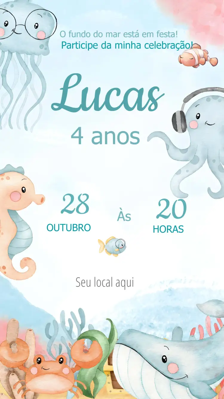 Convite Fundo Do Mar Aquarela Peixe – tema Aniversário Infantil aquarela, marinho, azul e verde, temático, lúdico, colorido